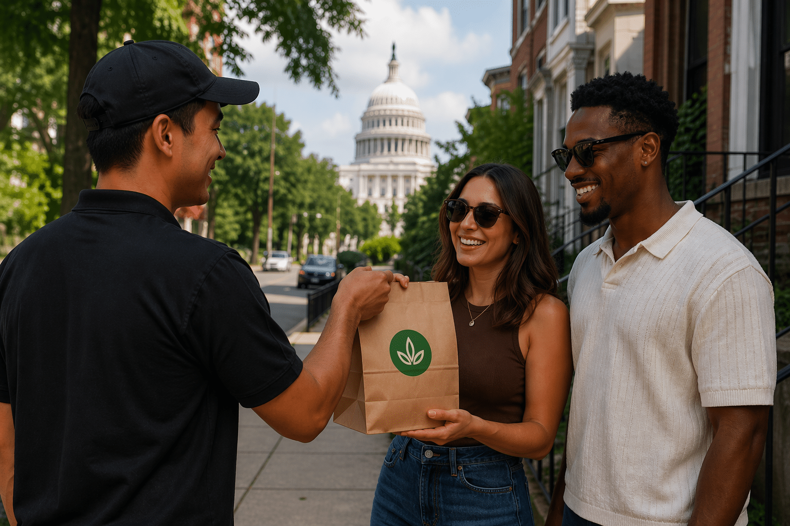 Delivery driver handing a brown paper bag to a smiling couple on a tree-lined Washington DC street with the U.S. Capitol in the background