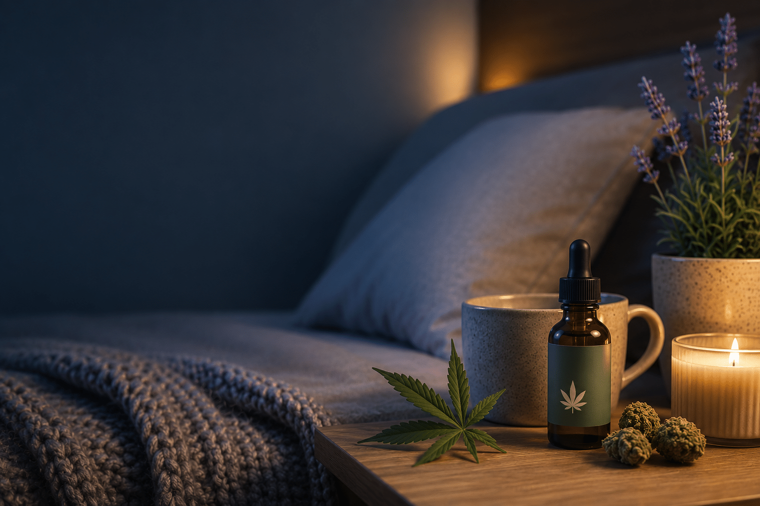 A cozy nighttime bedroom scene featuring a bedside table with a cannabis tincture bottle, cannabis leaves and buds, a lit candle, lavender plant, and warm tea beside a softly lit bed, representing relaxation and sleep support.
