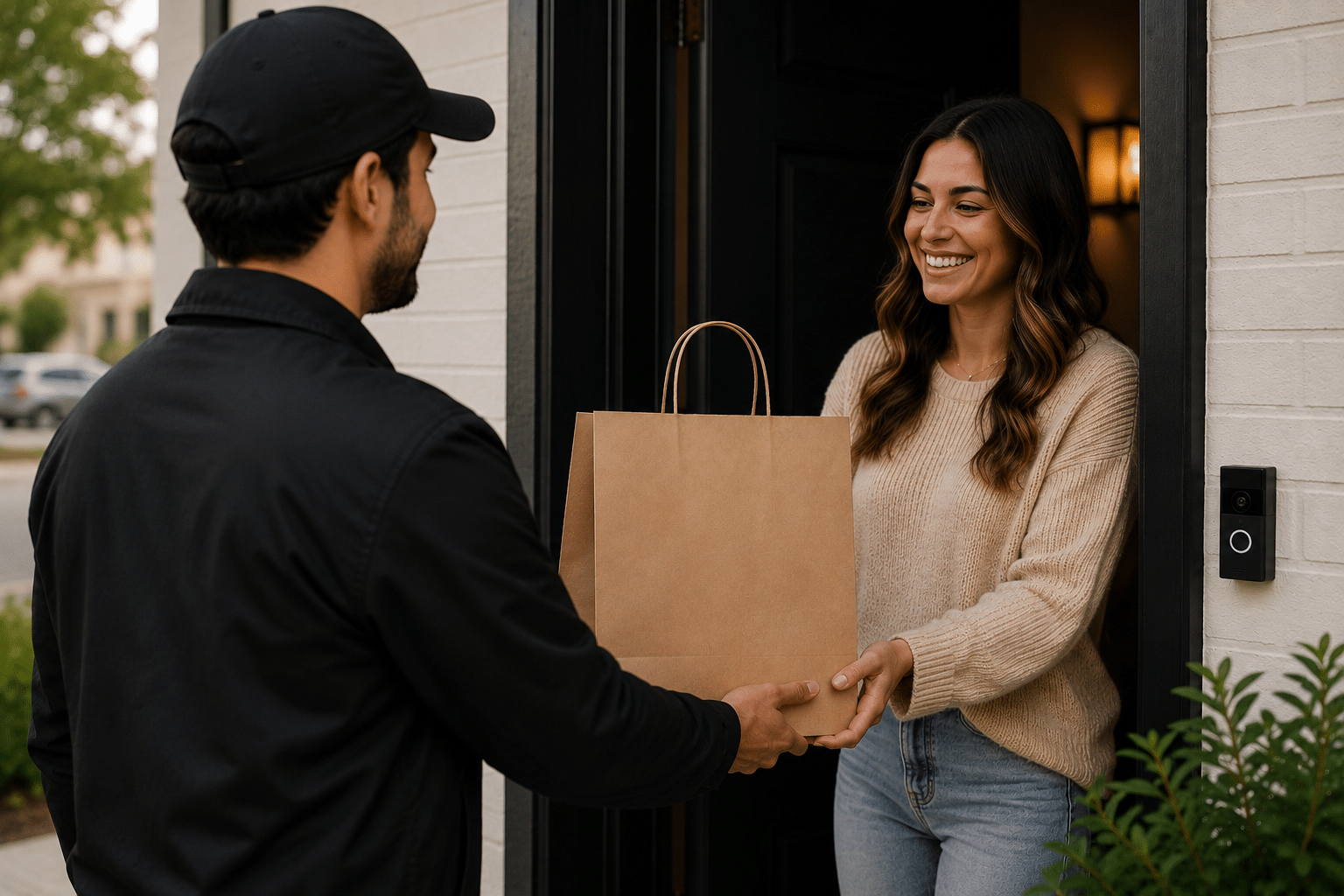Cannabis delivery driver bringing a brown paper bag order to a customer’s doorstep in DC.
