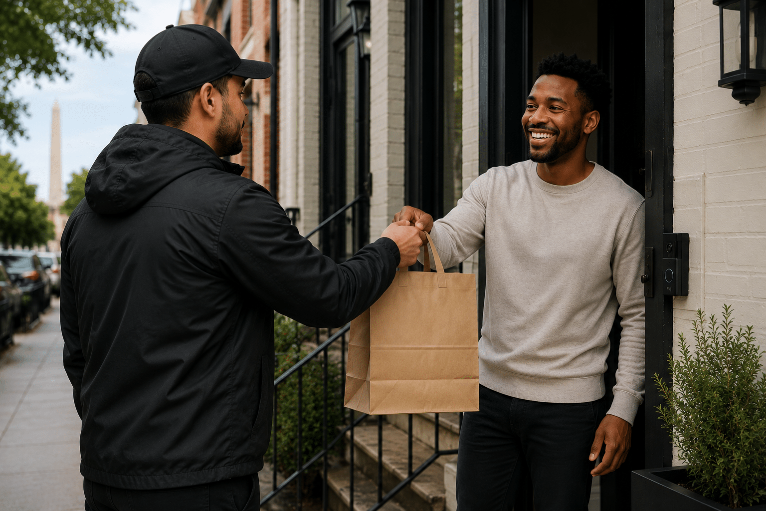 Cannabis delivery driver handing an order to a customer at a Washington DC rowhouse, illustrating the simple and convenient Local'd delivery process.