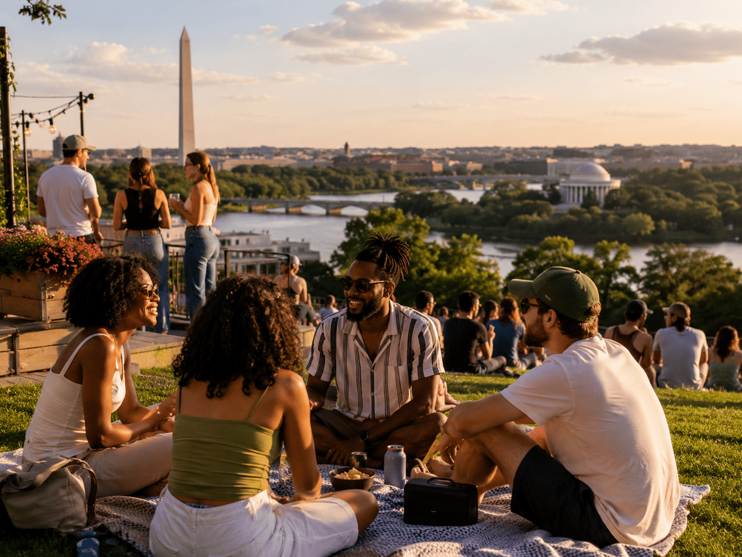 A group of friends relaxing on a grassy hill in Washington, DC during golden hour, with the Washington Monument and Jefferson Memorial visible in the background on a warm summer evening.