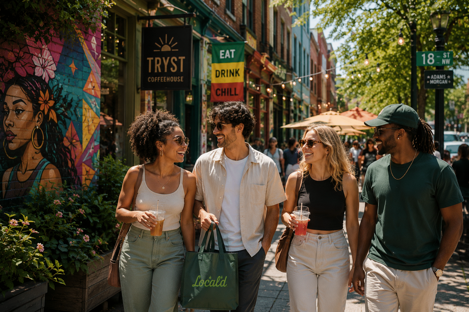 Friends exploring a colorful DC neighborhood on a summer weekend with a Local'd delivery bag.
