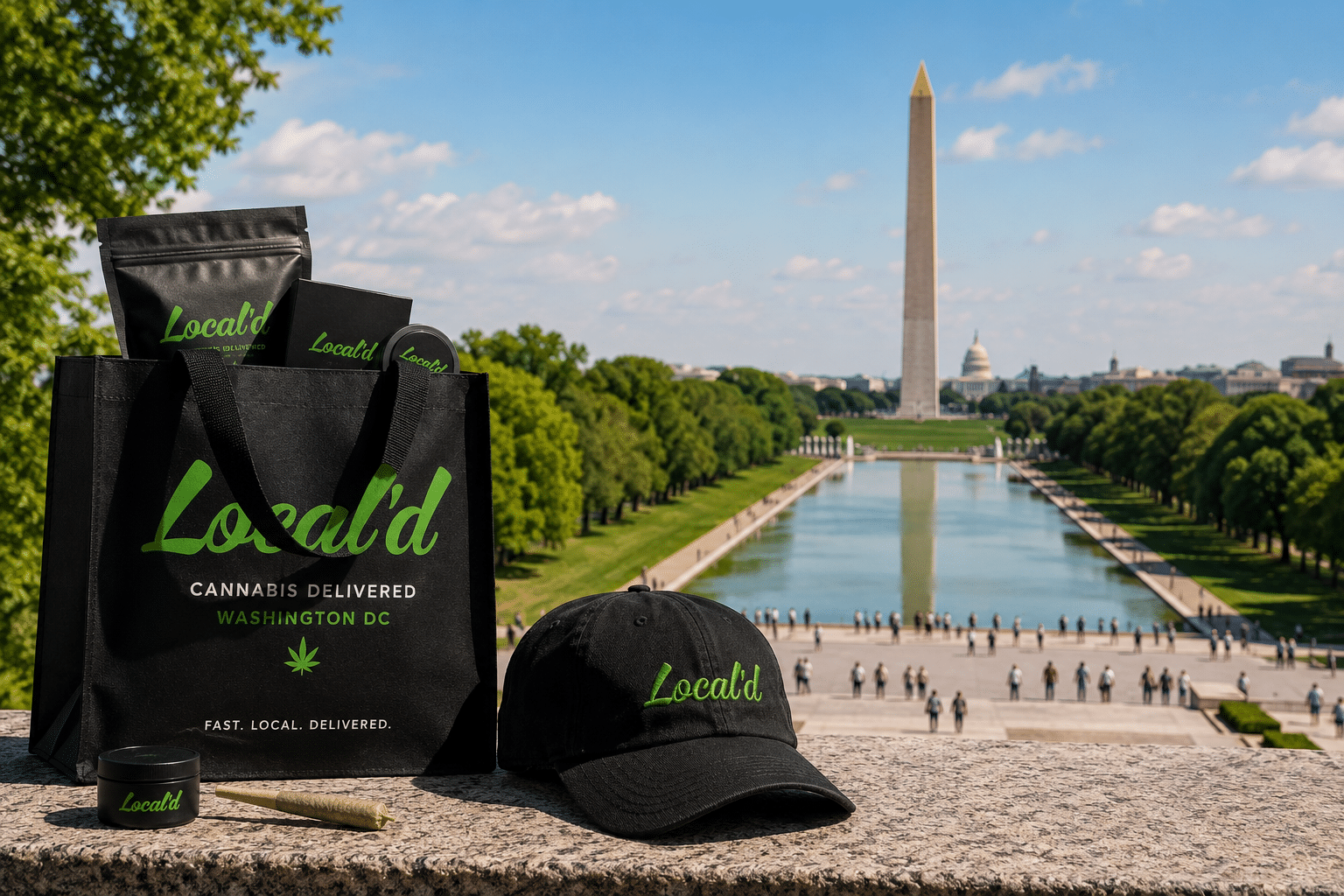 Local'd branded bag overlooking the National Mall and Washington Monument during a day of exploring Washington, DC.